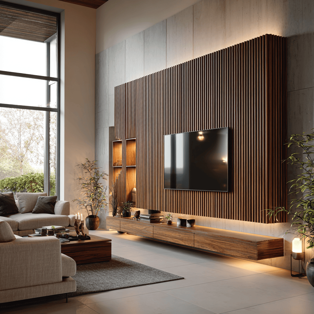 Stylish wooden tv showcase designs with vertical slats and ambient lighting