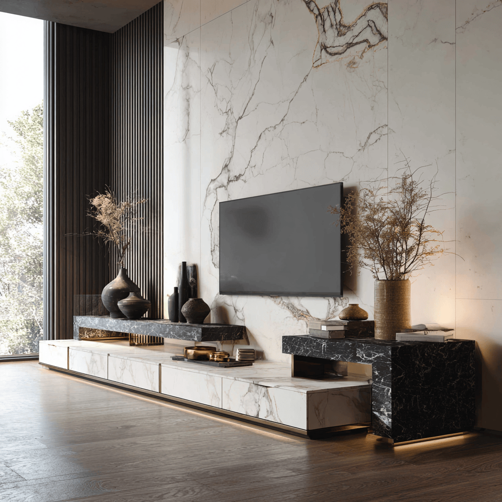 Elegant modern tv showcase design with marble panels and floating black console