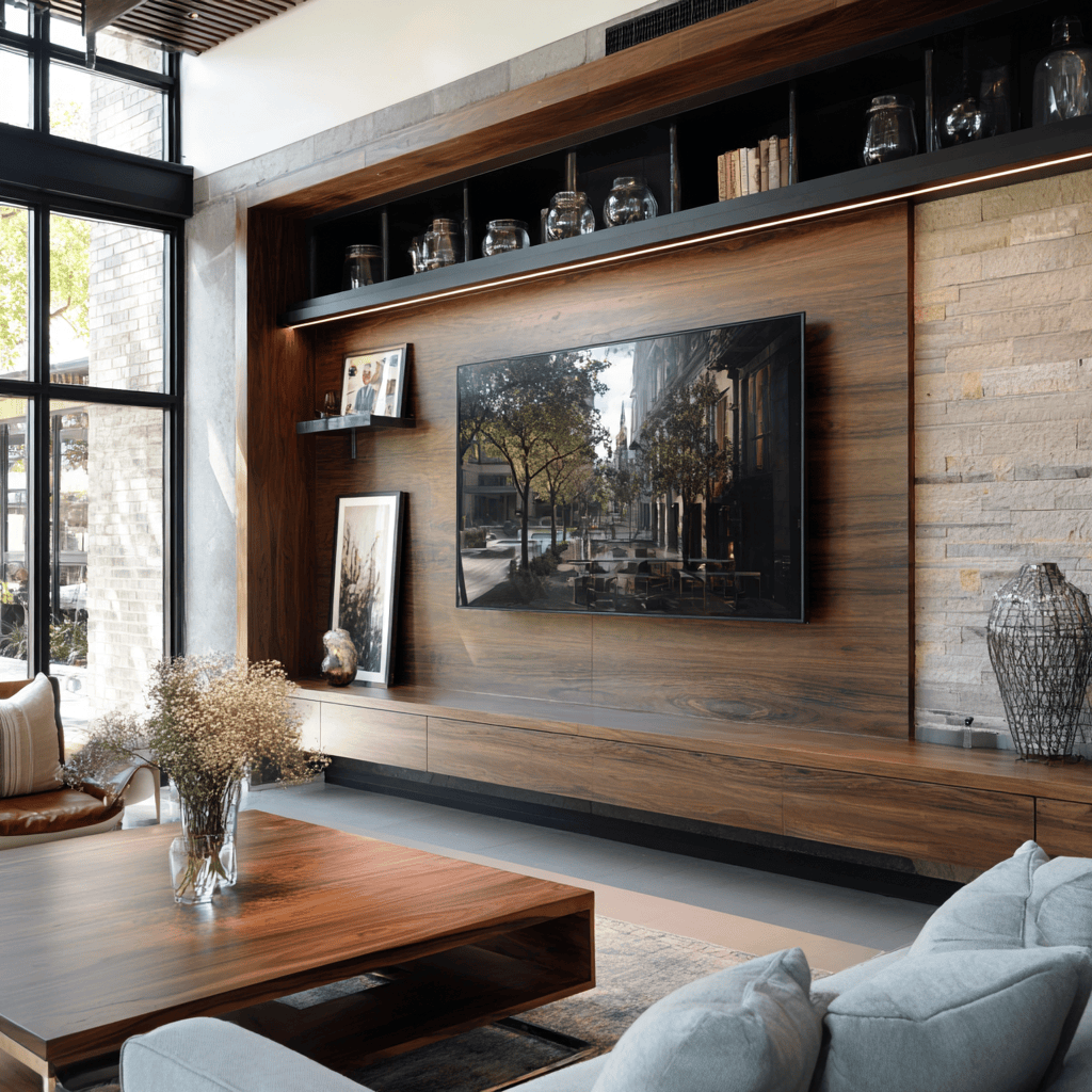 Elegant wooden tv showcase designs with modern decor and glass shelving