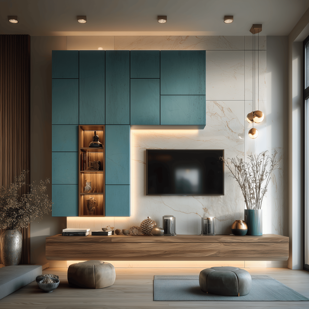 Elegant latest tv showcase design with blue cabinets and marble panel backdrop