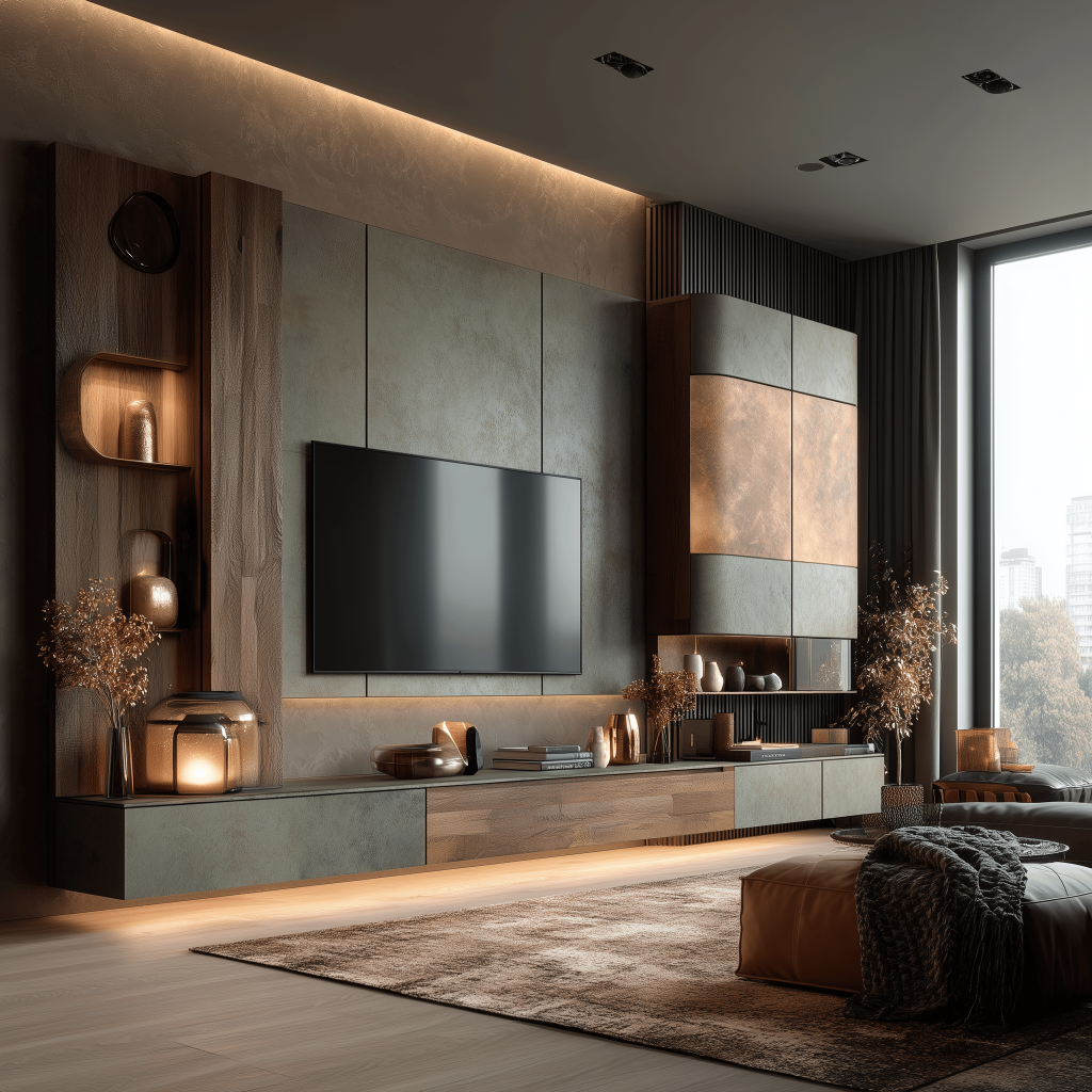 Elegant latest tv showcase design with matte textures and warm ambient lighting