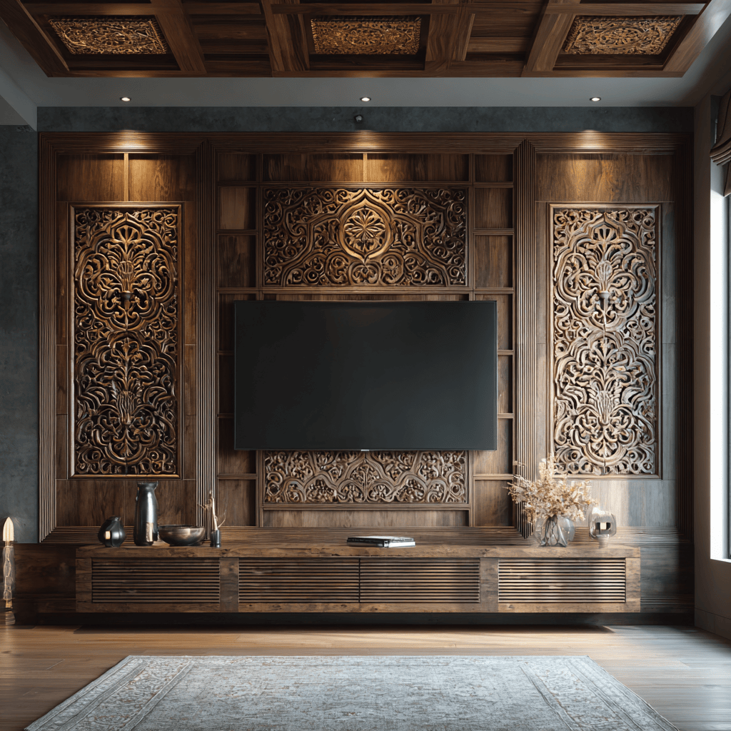 Intricate latest wooden TV showcase designs with elegant carved panel backdrop