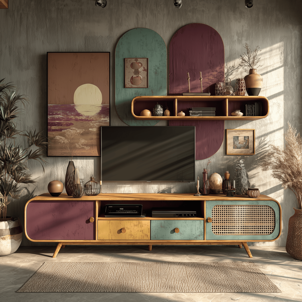 Colorful latest style TV showcase design with artistic shelf and decor setup