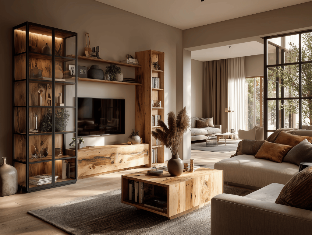 Stylish latest wooden tv showcase designs with natural wood and open shelving