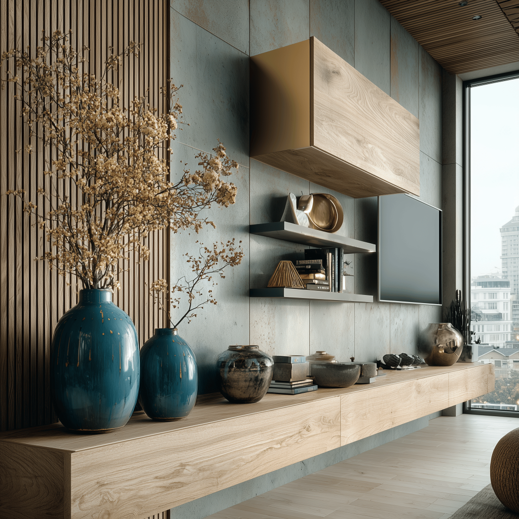 Elegant latest wooden TV showcase designs with shelves and ceramic decor accents