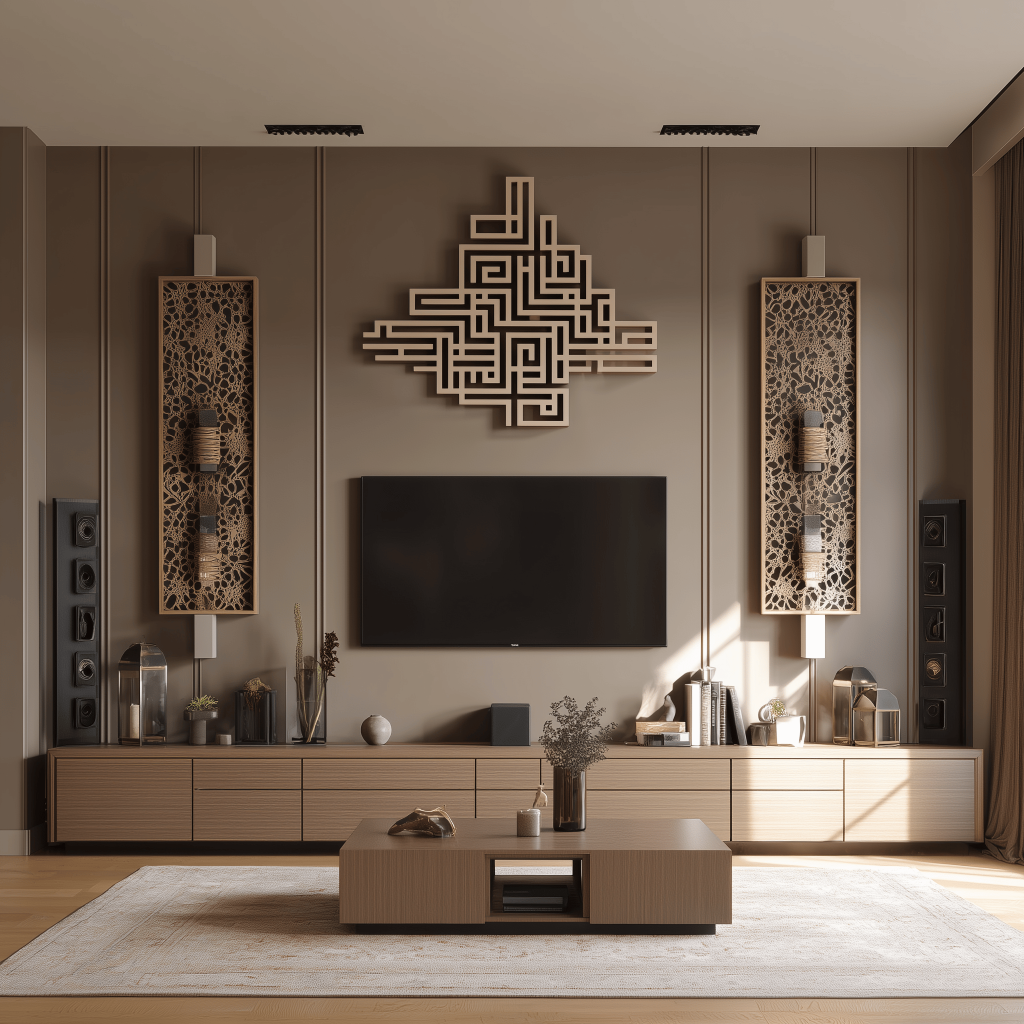 Minimal modern tv showcase design with artistic decor and wooden panel backdrop