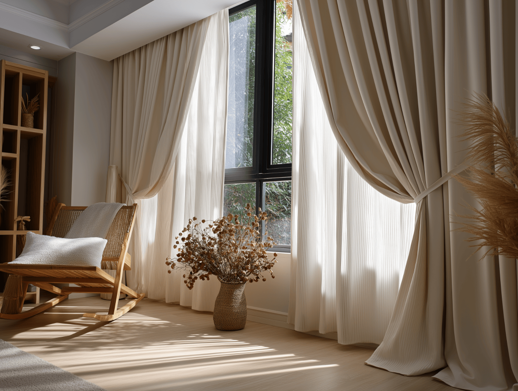 Cozy new window curtain design with tied drapes and books in a sunny corner setup