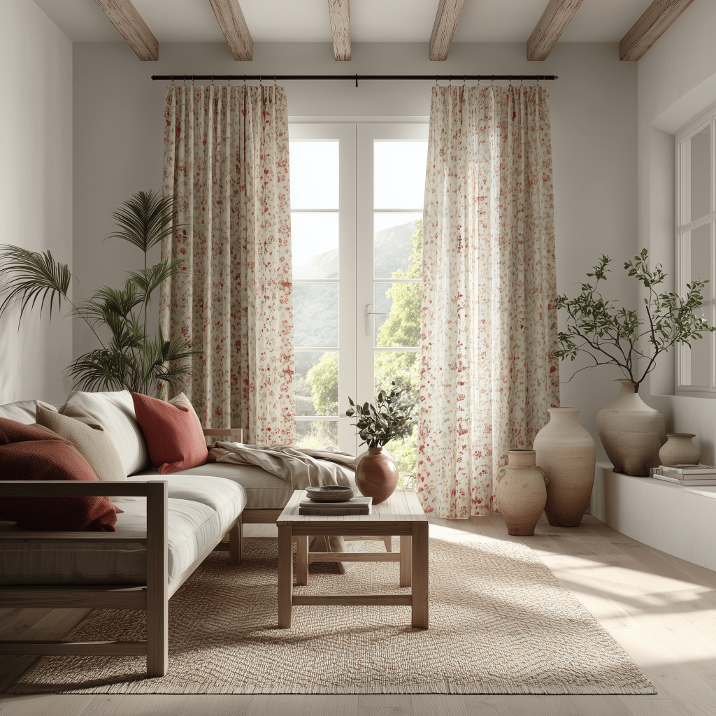 Bright simple window curtain design with floral prints and natural living room decor
