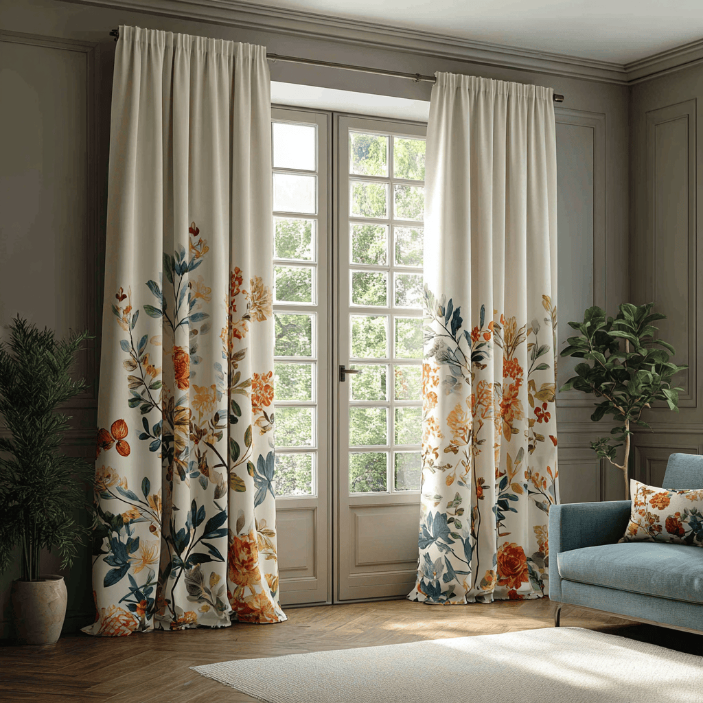 Floral double window curtain designs adding charm to a cozy modern living room