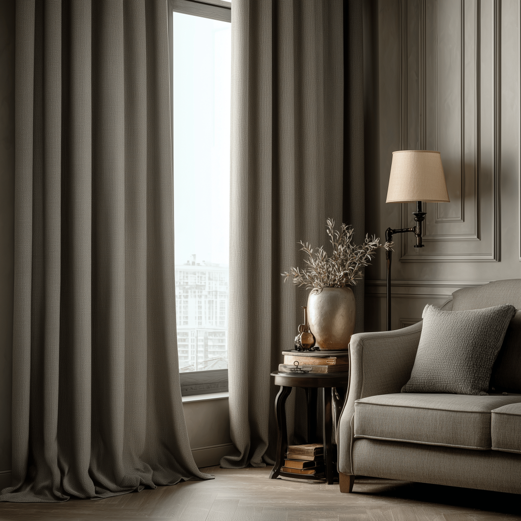 Simple window curtain design with neutral tones and stacked books in corner chair