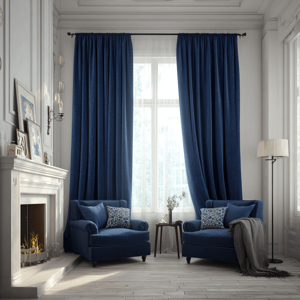 Luxurious double window curtain designs with bold blue drapes and cozy reading chairs
