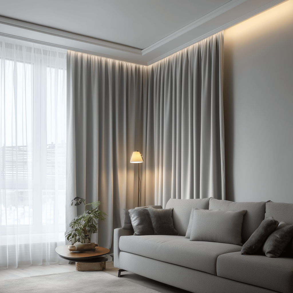 Cozy simple window curtain design with soft lighting and plush grey sofa setup