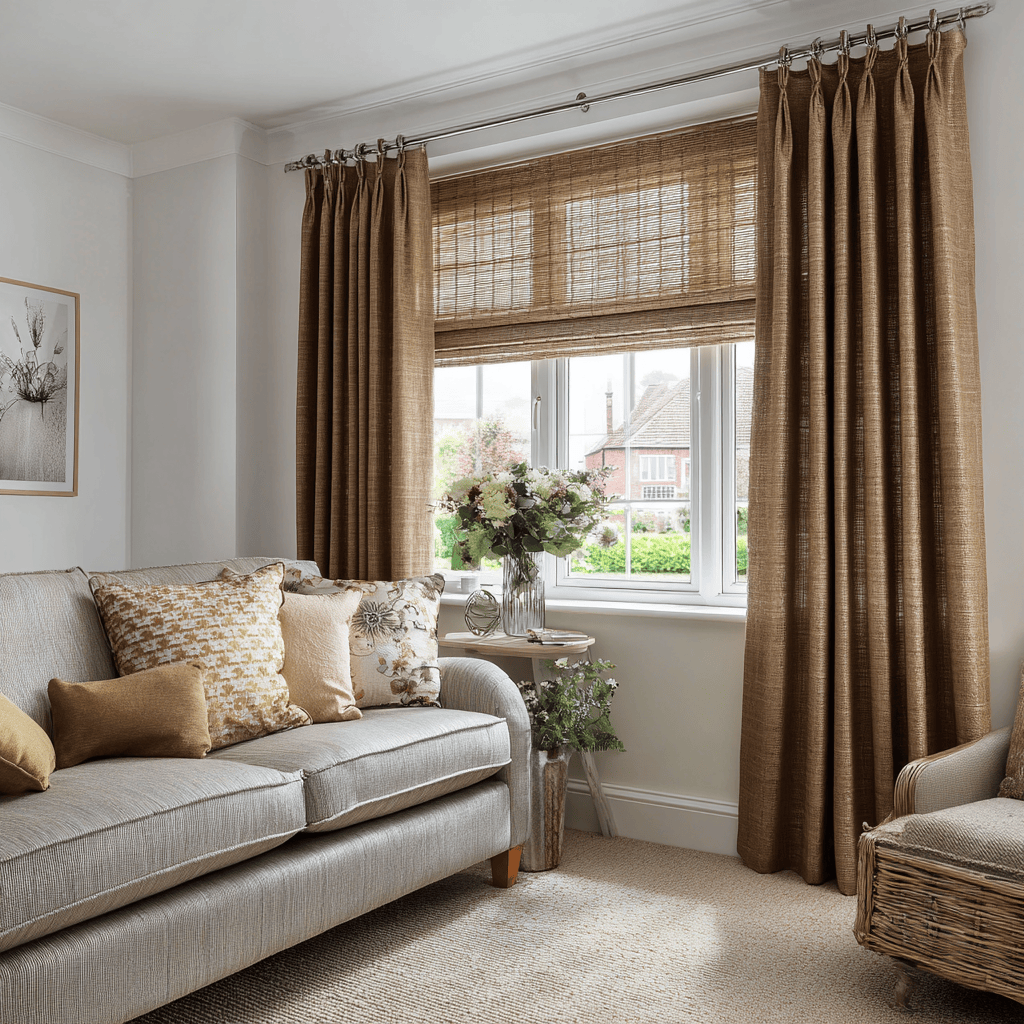 Elegant house window curtain designs with floral cushions and cozy sofa corner