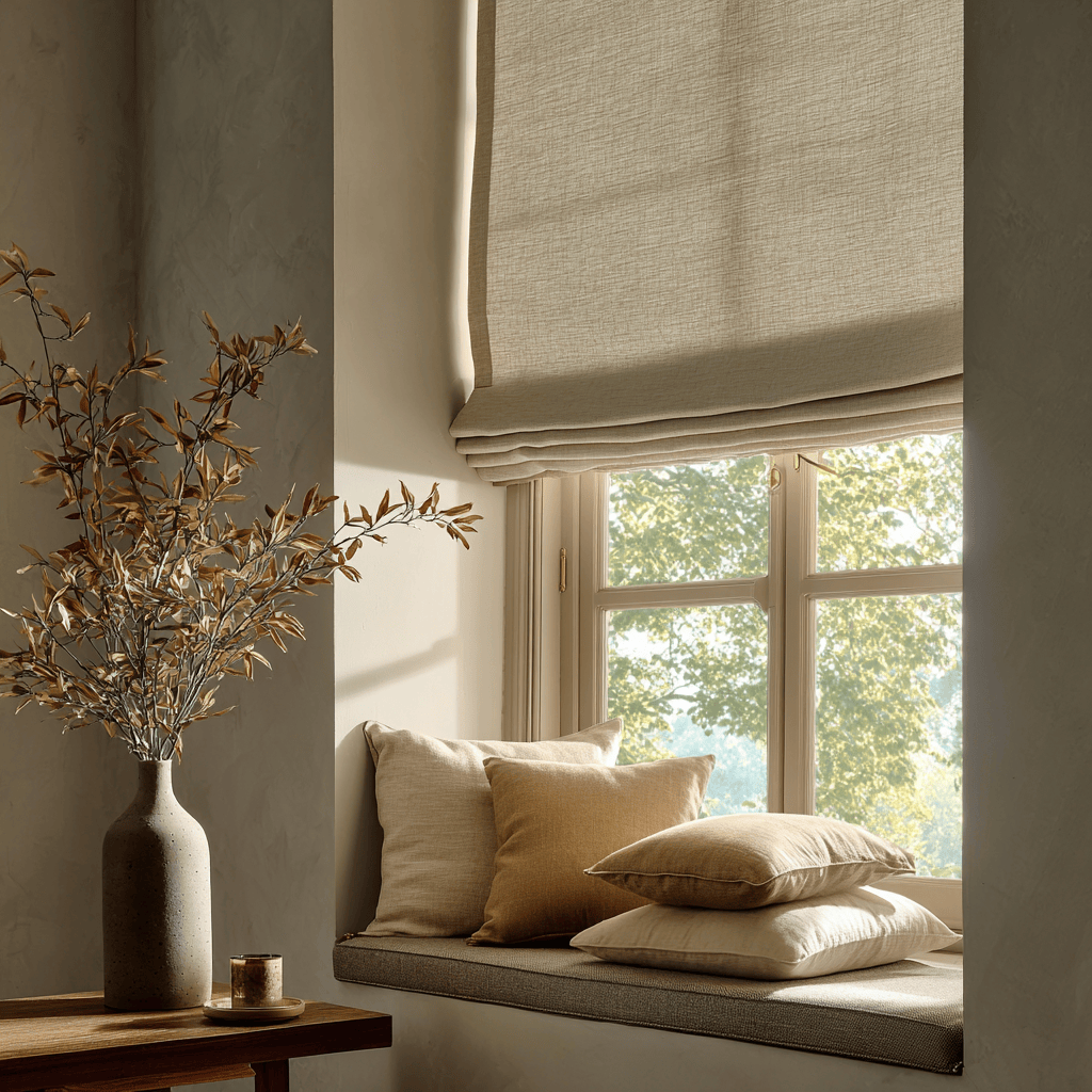 Cozy simple window curtain design with soft Roman blinds and book-styled cushions