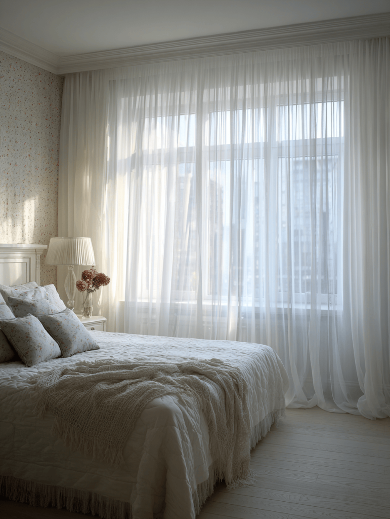 Elegant window curtain design for home with sheer drapes in a cozy bedroom setup