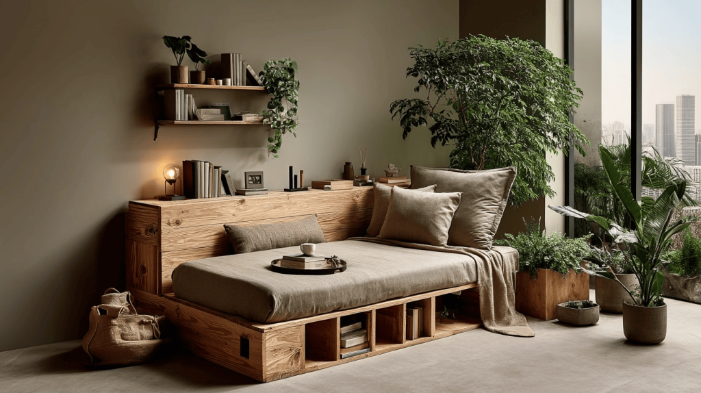 Stylish modern wooden box bed design with natural finish and indoor green decor