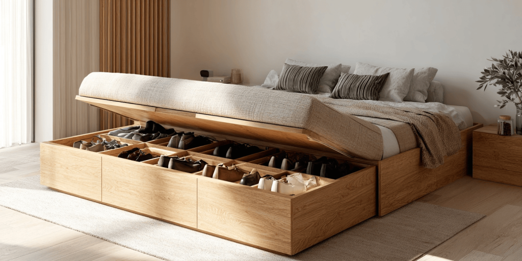 Elegant wooden box bed design with hydraulic storage and cozy modern bedroom style