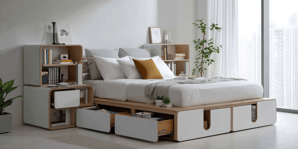 Modern wooden box bed design with storage drawers and sleek contemporary look