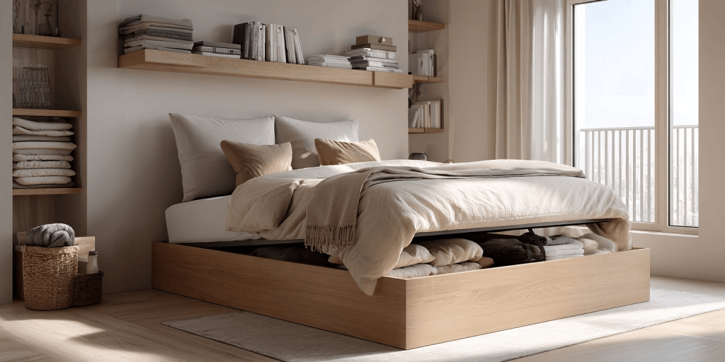 Modern wooden box bed design with storage and cozy minimalist bedroom setup
