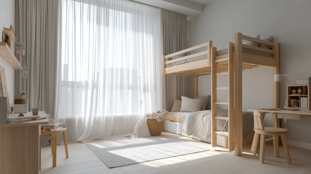 Minimalist wooden box bed design for kids’ room with bright natural light and decor