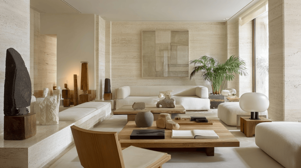 Elegant luxury living room wall decor with beige tones, art pieces, and wooden accents