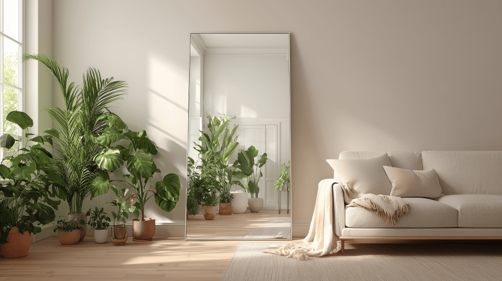 Peaceful simple living room wall decor with large mirror, indoor plants, and beige sofa