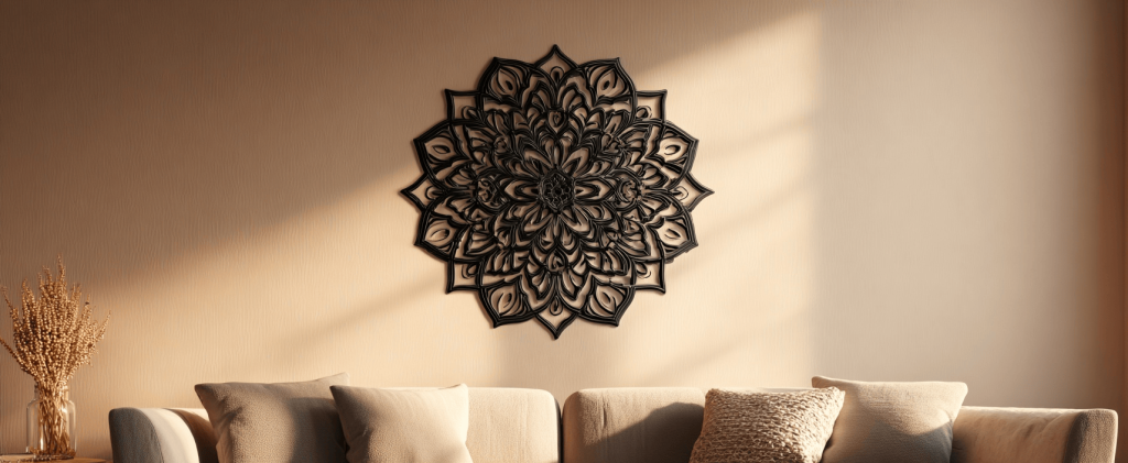 Elegant modern living room wall decor ideas featuring mandala art above neutral sofa