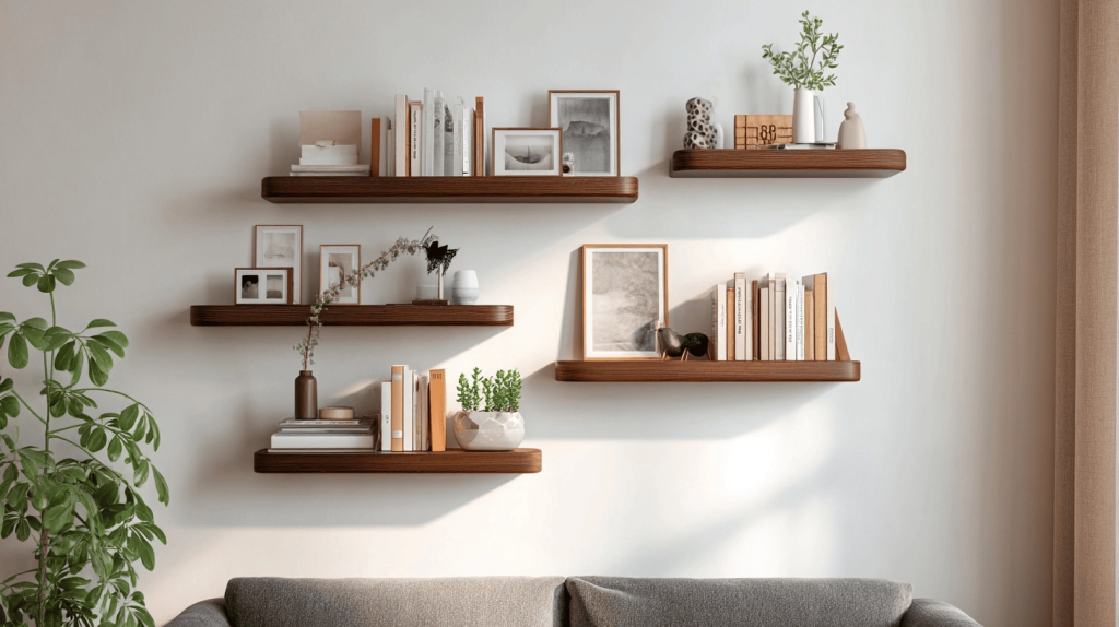 Elegant wooden living room wall decor with floating shelves and modern accessories