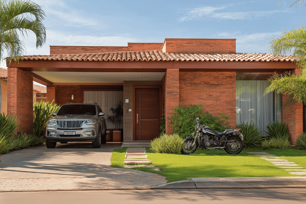 Modern and simple house design with brick walls and green front lawn