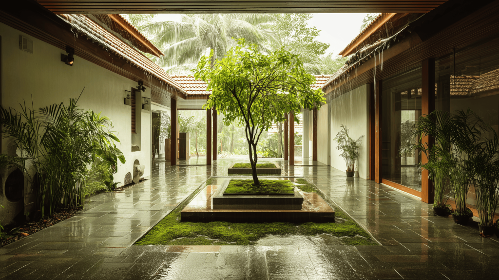 Courtyard beautiful simple house design with greenery and open natural lighting