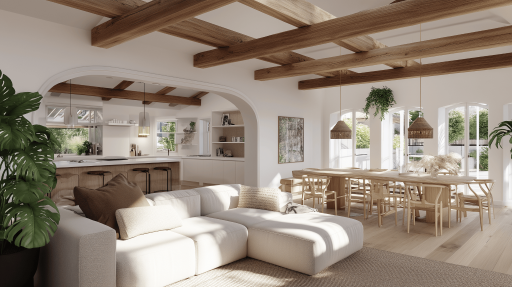 Cozy simple house interior design with wooden beams and natural light dining area