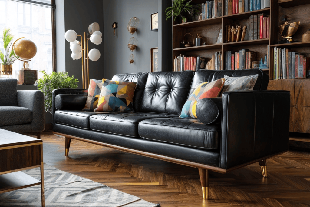 Chic stylish modern sofa design adding vintage charm to a warm and elegant living room