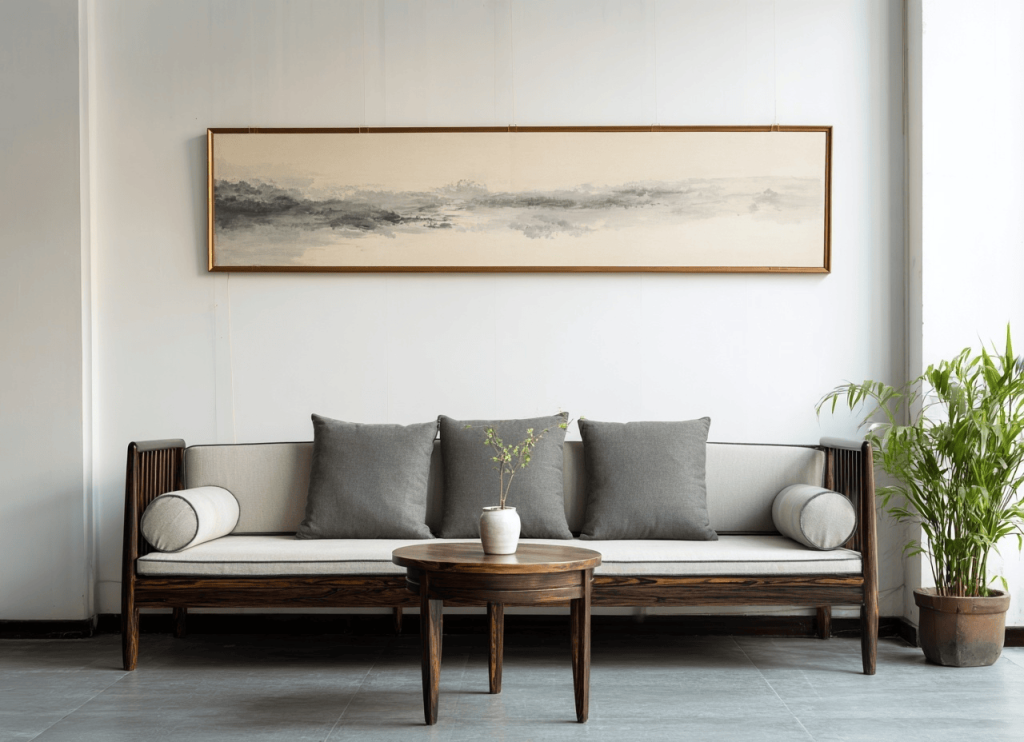 Elegant wooden modern sofa design with neutral tones in a minimalist living room