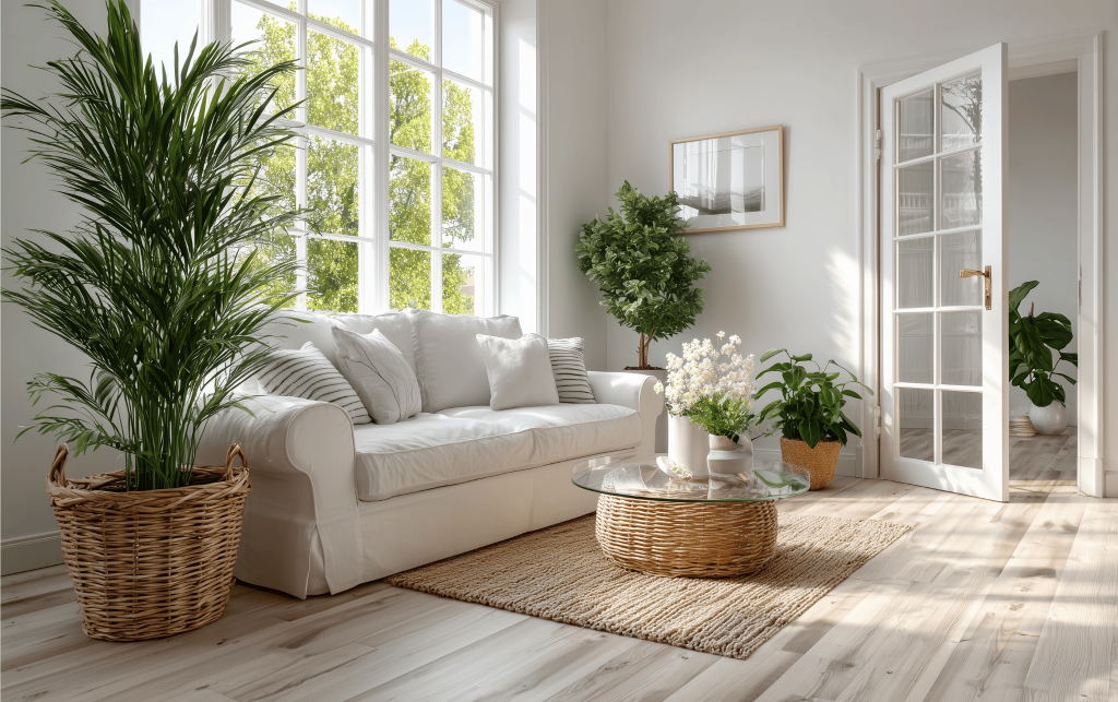 Bright front hall interior design with cozy white sofa, glass table, and indoor plants