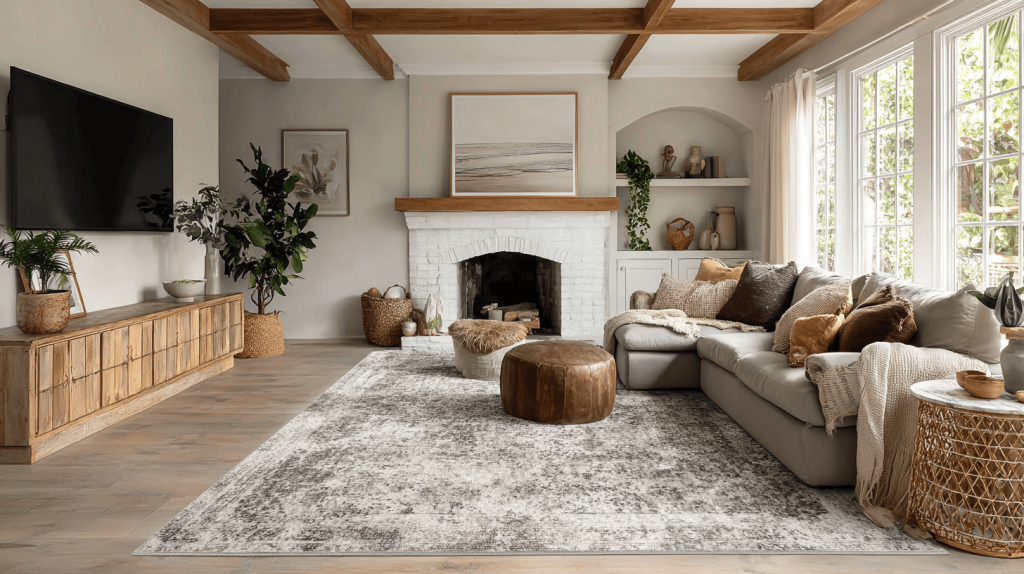Large hall interior design with cozy neutral décor, wood beams, and natural light