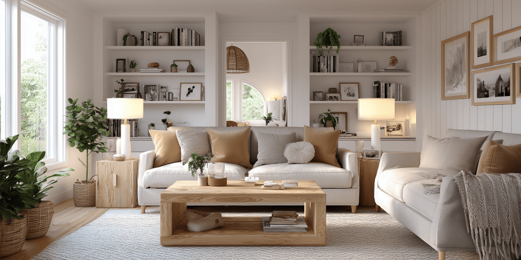 Front hall interior design with neutral sofas, wood accents, plants, and warm lighting