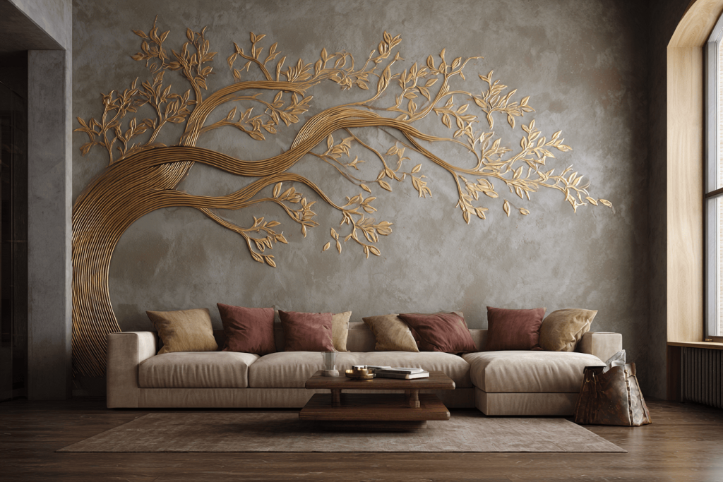 Artistic luxury hall interior design with gold tree wall art and a plush neutral sofa setup
