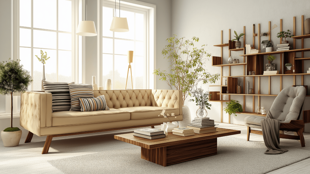 Best hall interior design with neutral décor, wooden accents and cozy modern seating