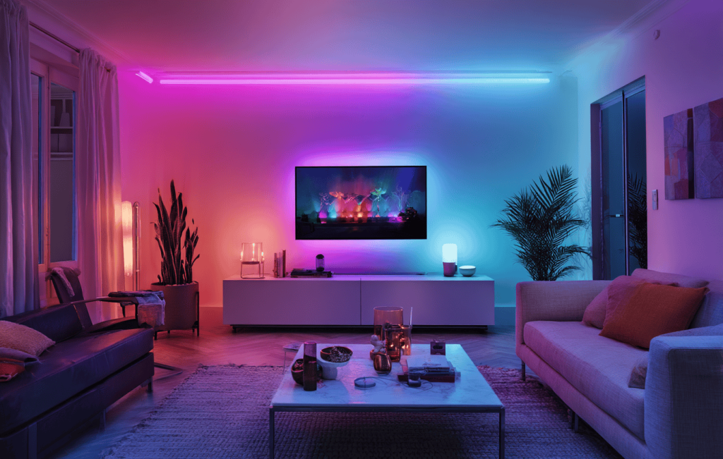 Modern hall interior design with colorful LED lighting and stylish cozy seating