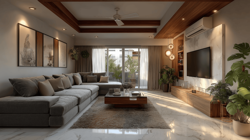 Modern hall interior design with grey sectional sofa, wood accents, and warm lighting