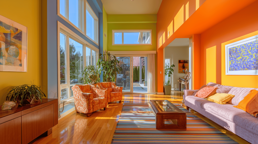 Latest hall interior design with bold colors, tall windows and modern lively décor