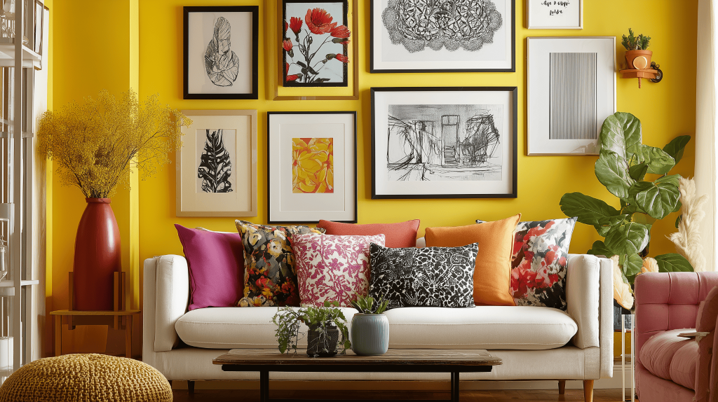 Vibrant small hall interior design with bold yellow walls, art frames, and colorful cushions