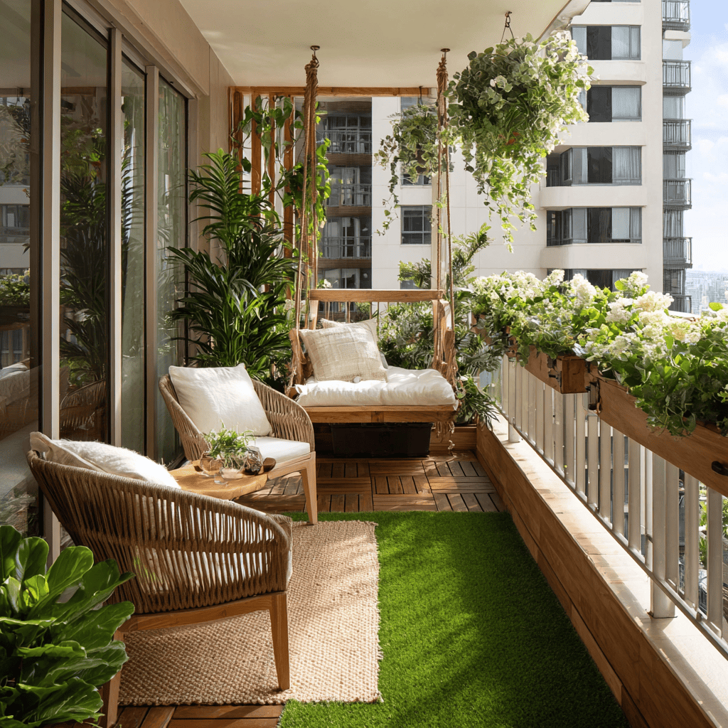 Cozy modern house balcony railing design with greenery, swing seat, and warm decor