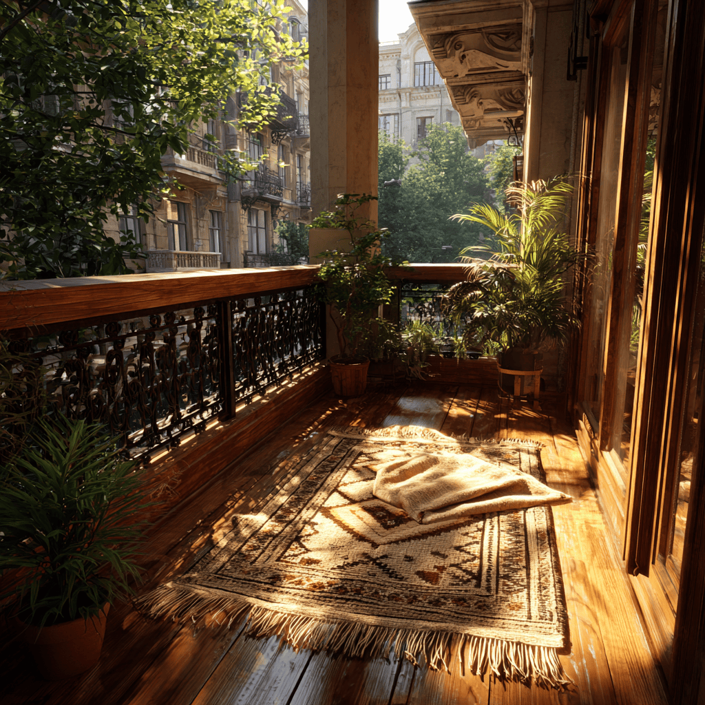 Warm grill modern balcony railing design with cozy wooden flooring and plants