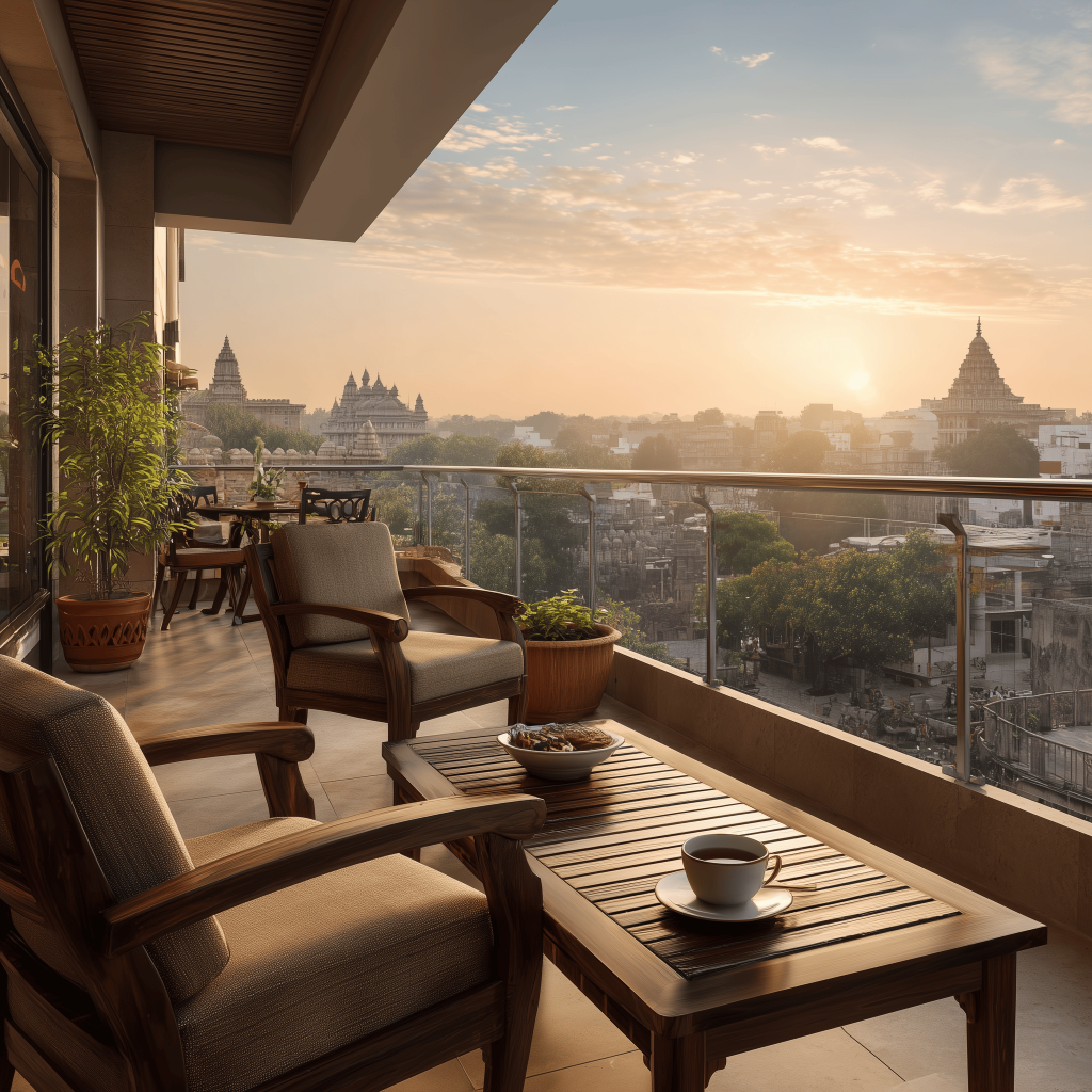 Serene modern balcony glass railing design with cityscape and sunrise seating view