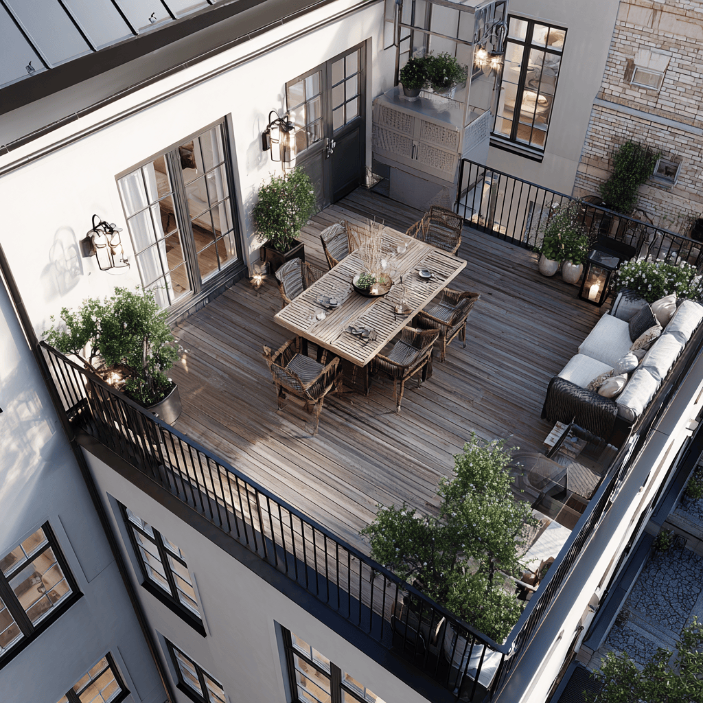 Spacious modern balcony railing design with outdoor dining and stylish seating area