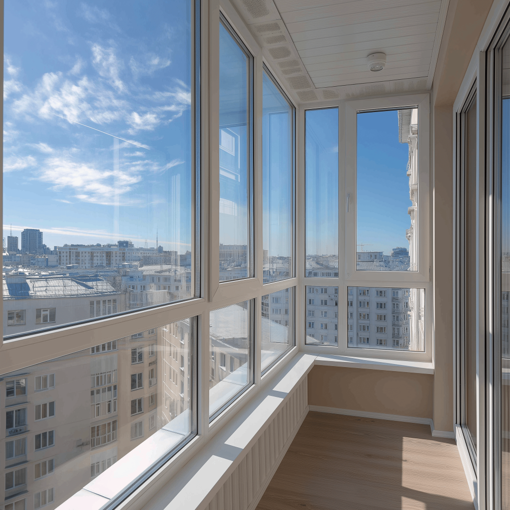 Bright modern balcony glass railing design with full-height windows and city views