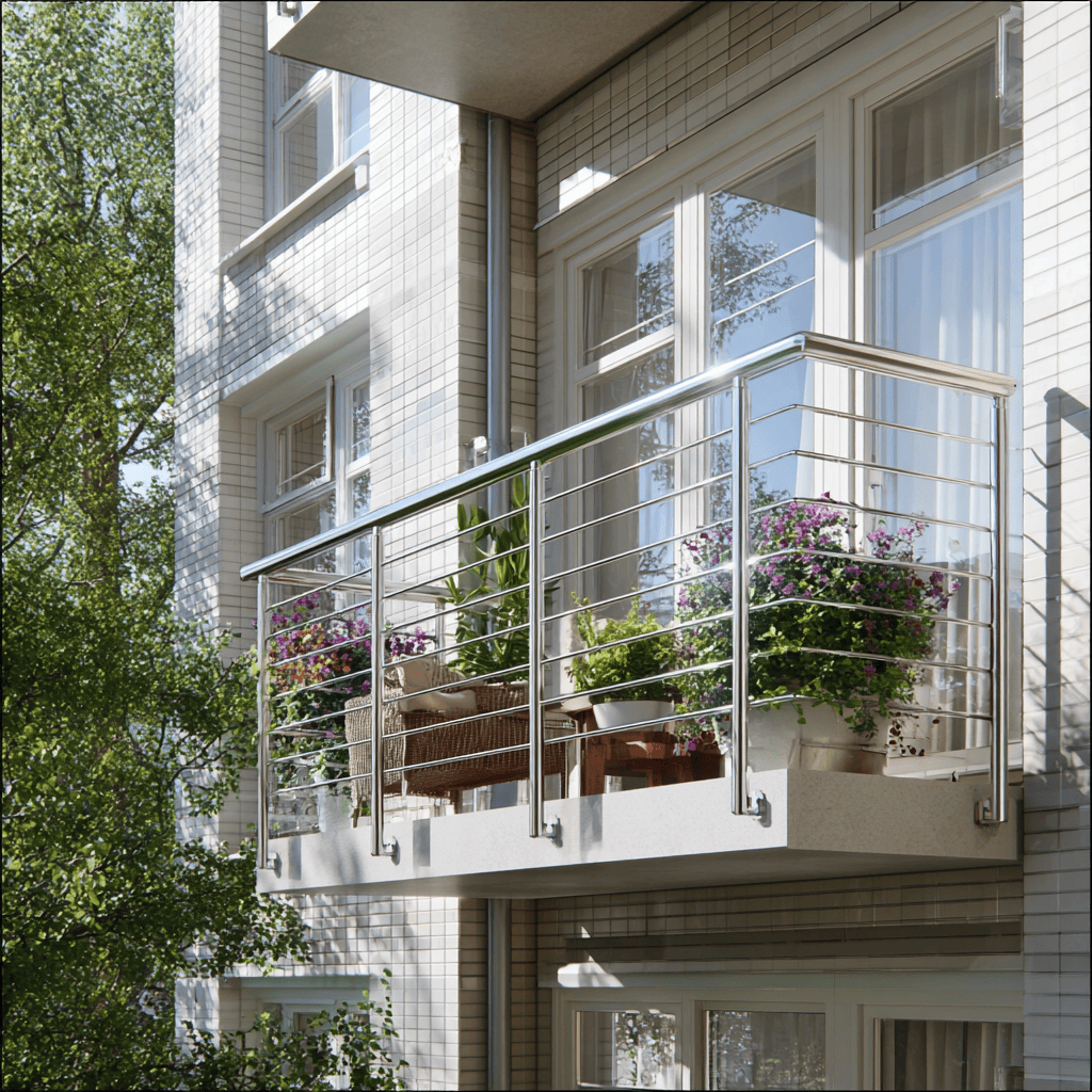 Sunny modern balcony steel railing design with plants and bright exterior vibes