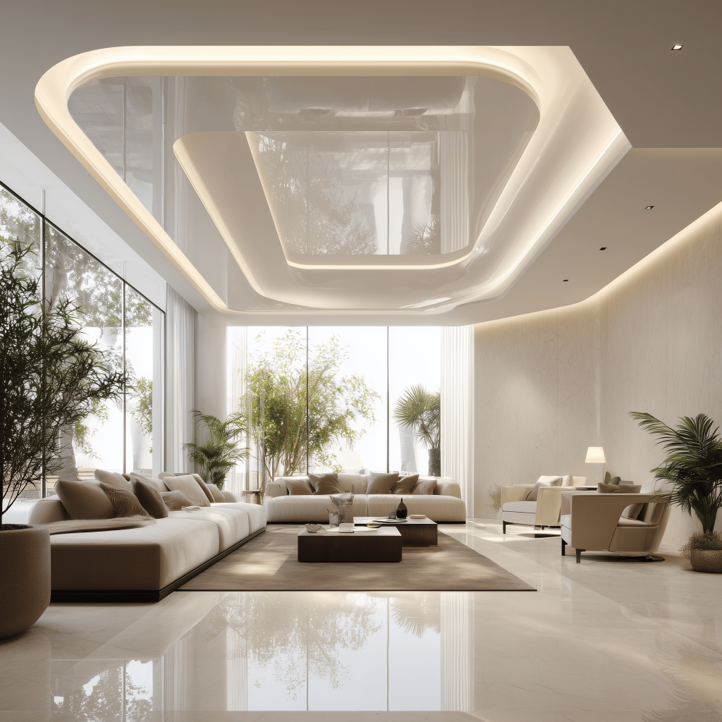 Modern pop false ceiling design in a bright, luxurious contemporary living room