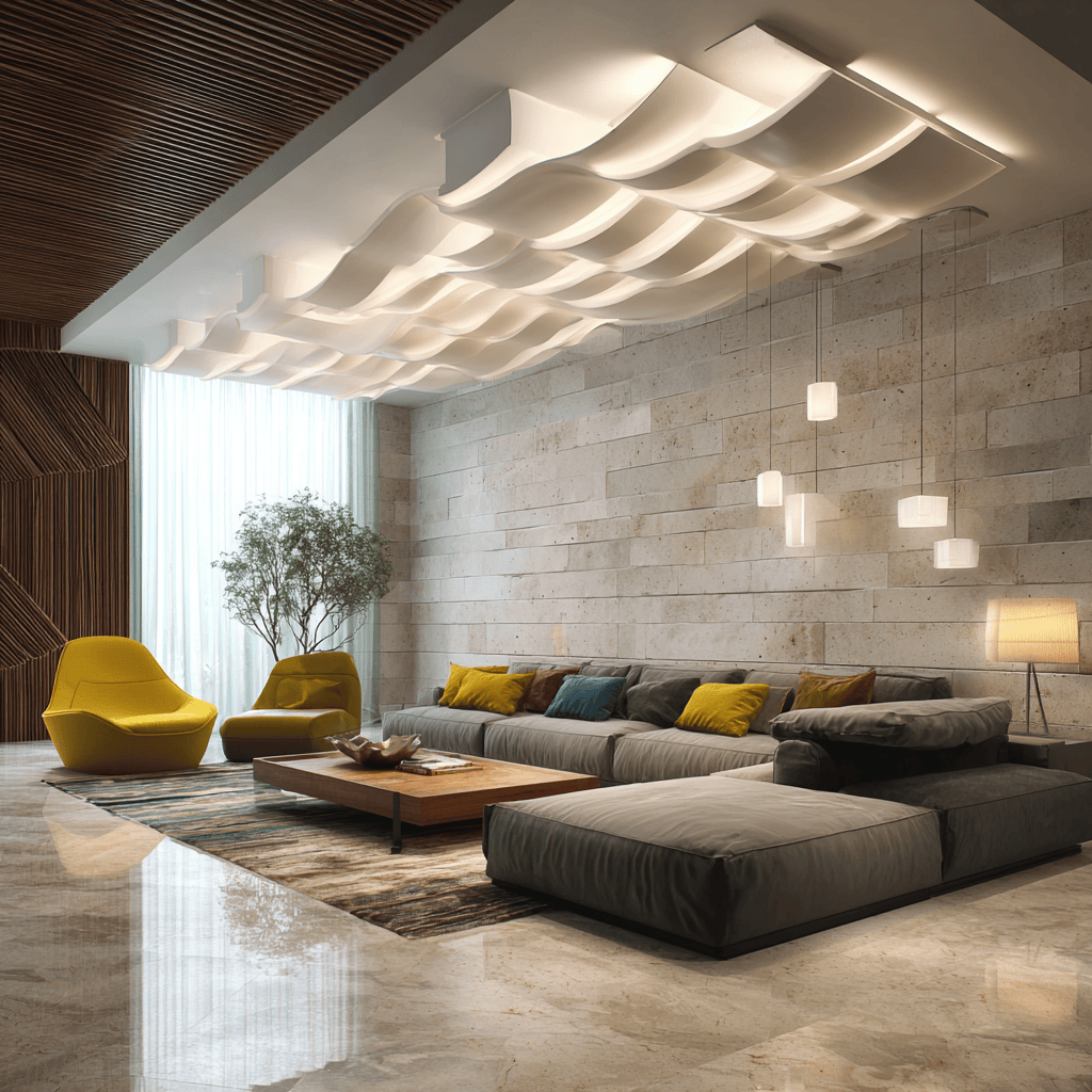 Modern pop false ceiling design enhancing a stylish and cozy contemporary living room